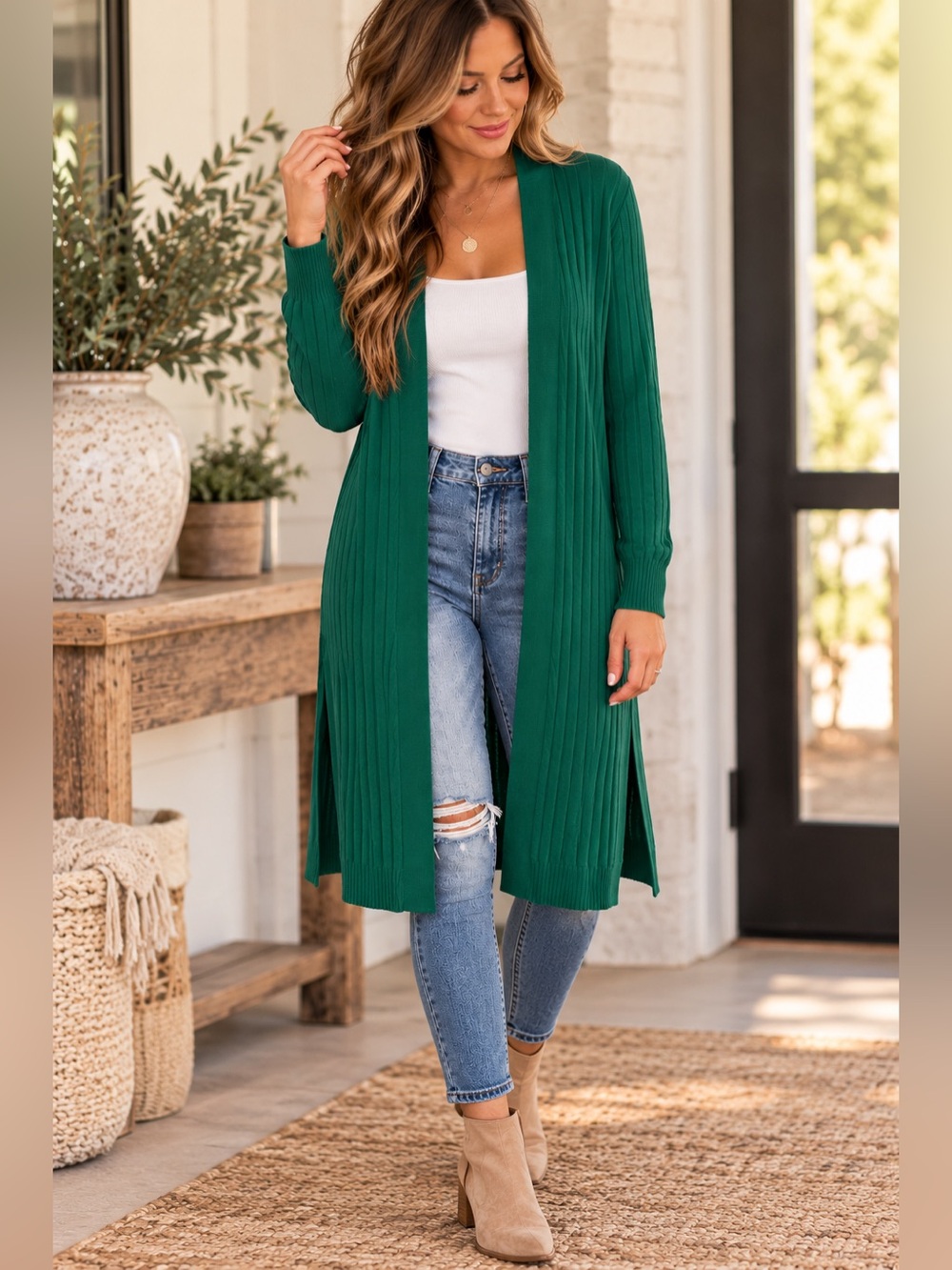 Boutique Women’s Open-Front Ribbed Long Cardigan Sweater Duster - Green